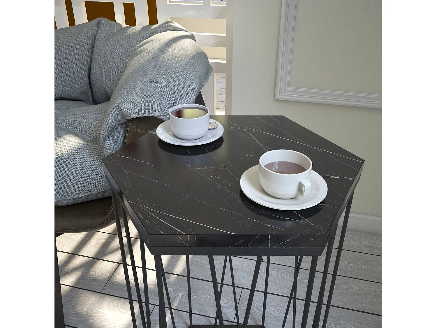 Table d'appoint hexagonale Supellex Bois Marbre Noir et Métal Noir