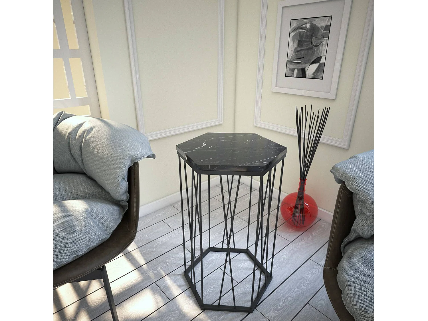 Table d'appoint hexagonale Supellex Bois Marbre Noir et Métal Noir