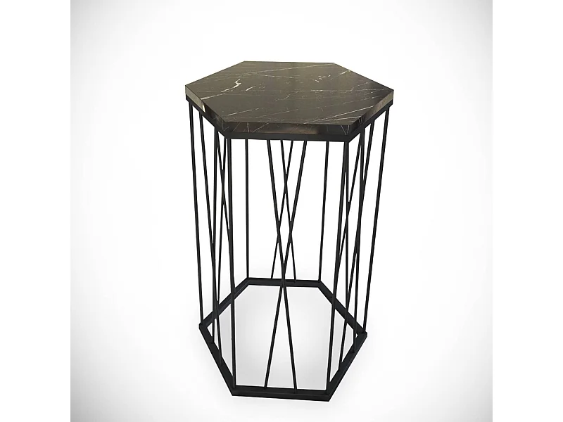 Table d'appoint hexagonale Supellex Bois Marbre Noir et Métal Noir
