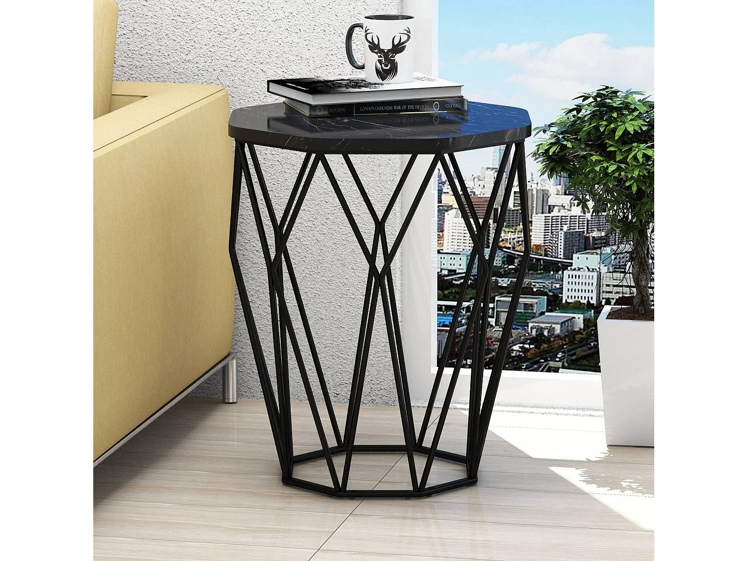 Table Heptagone Zachem Panneau Métal Noir et Bois Noir marbre