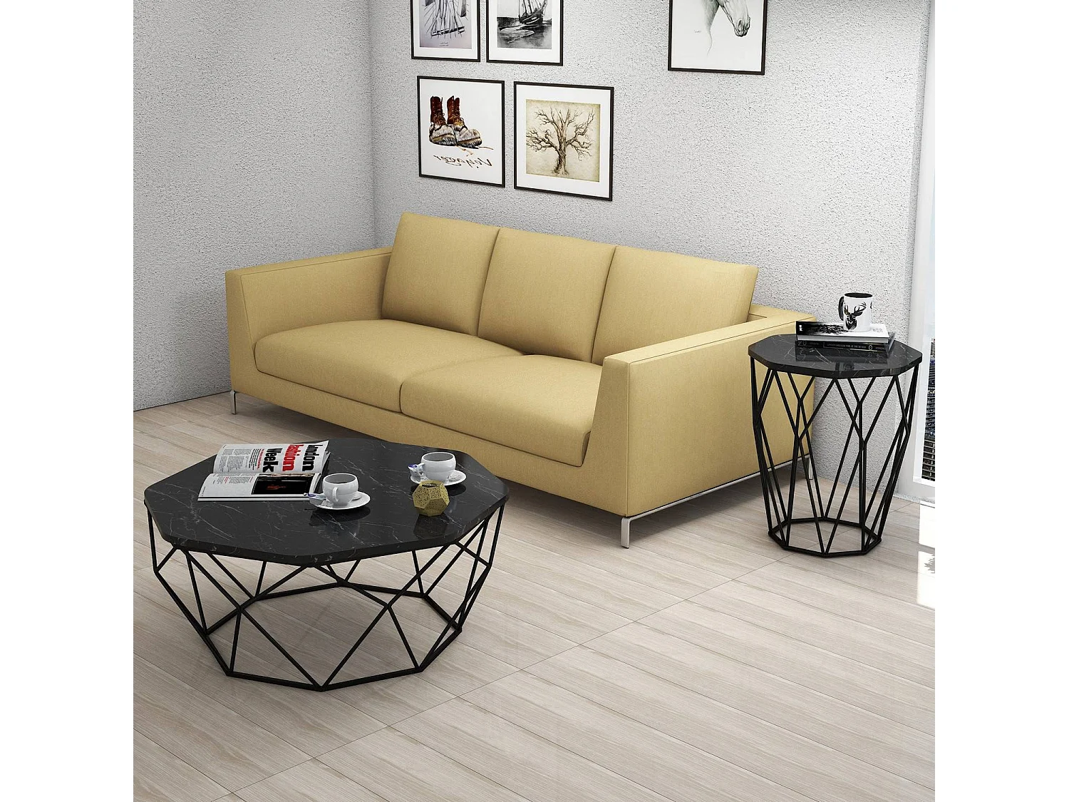 Table Heptagone Zachem Panneau Métal Noir et Bois Noir marbre