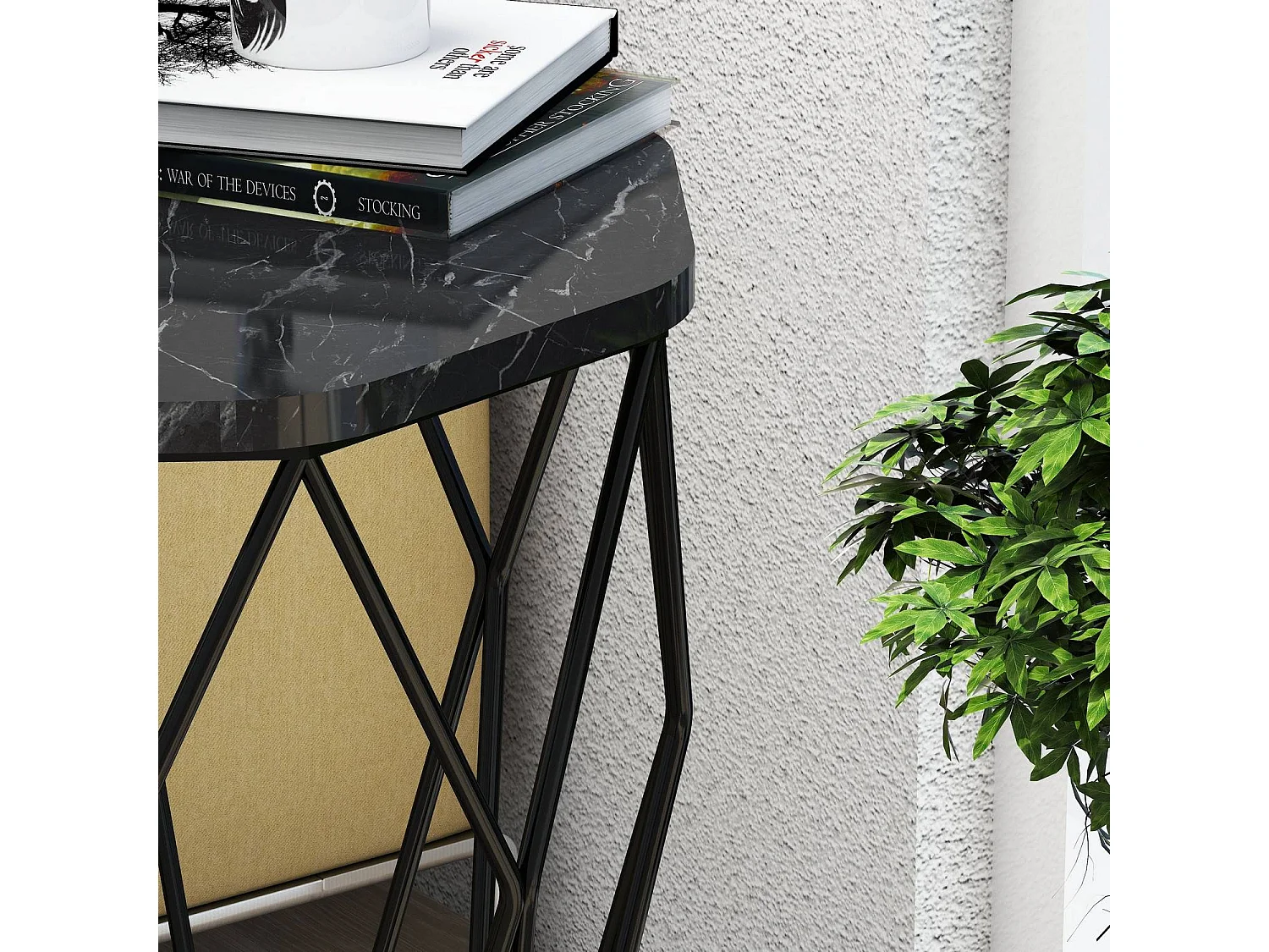 Table Heptagone Zachem Panneau Métal Noir et Bois Noir marbre