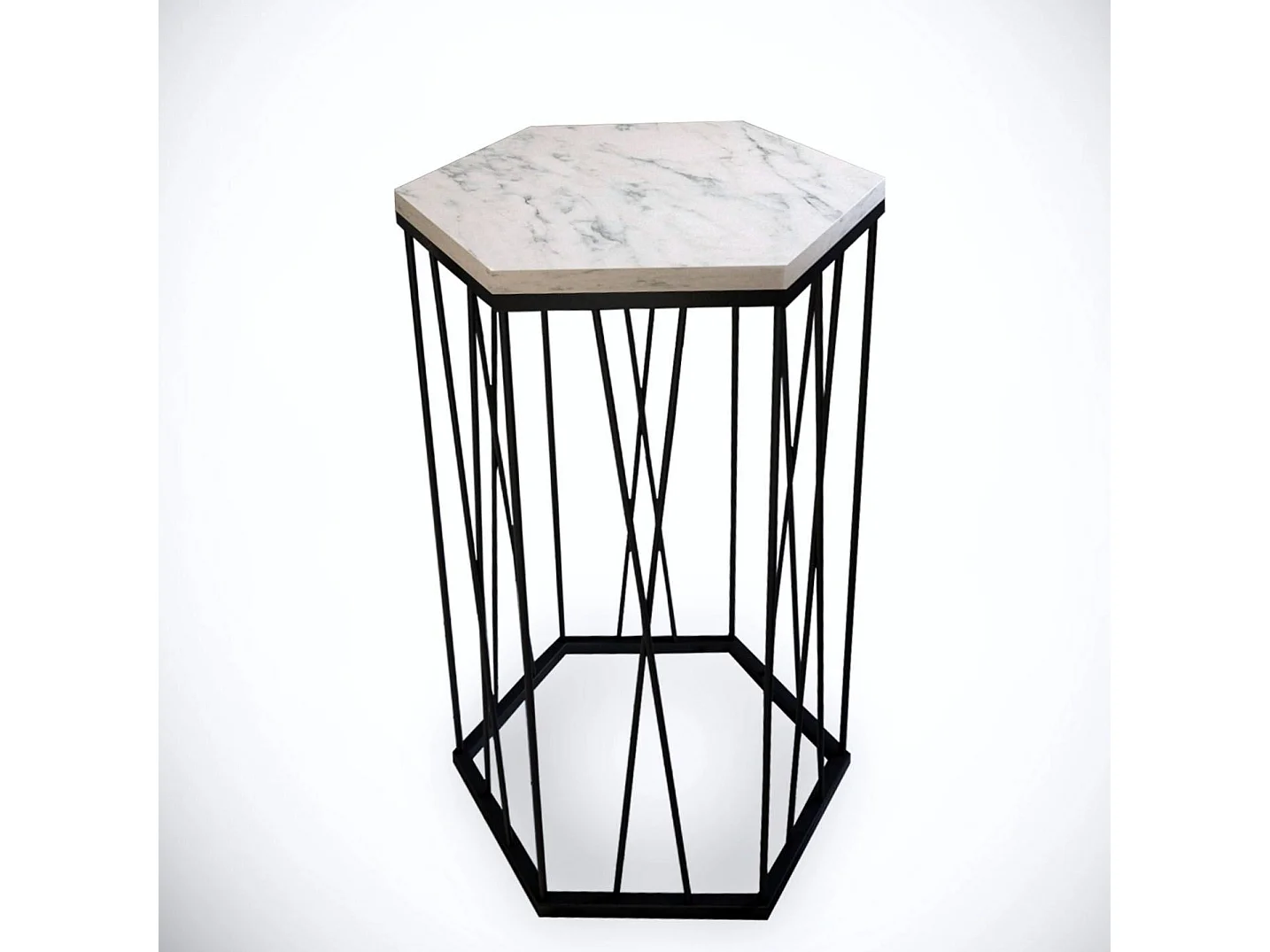 Table d'appoint hexagonale Supellex Bois Marbre Blanc et Métal Noir