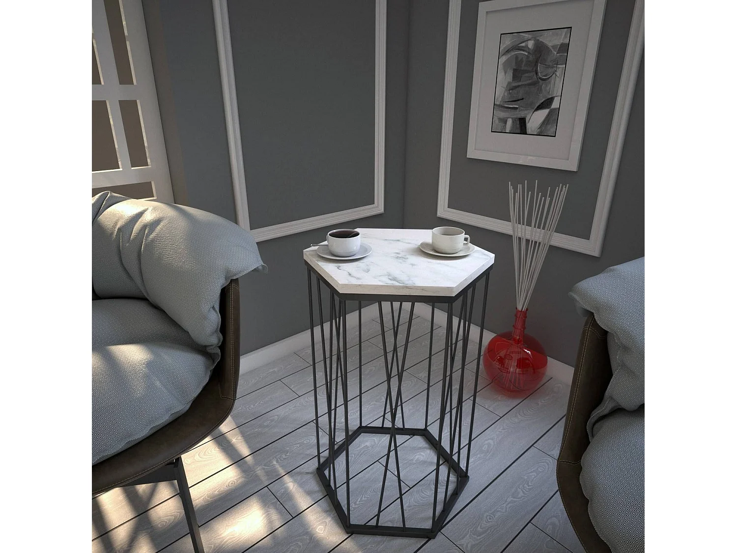 Table d'appoint hexagonale Supellex Bois Marbre Blanc et Métal Noir