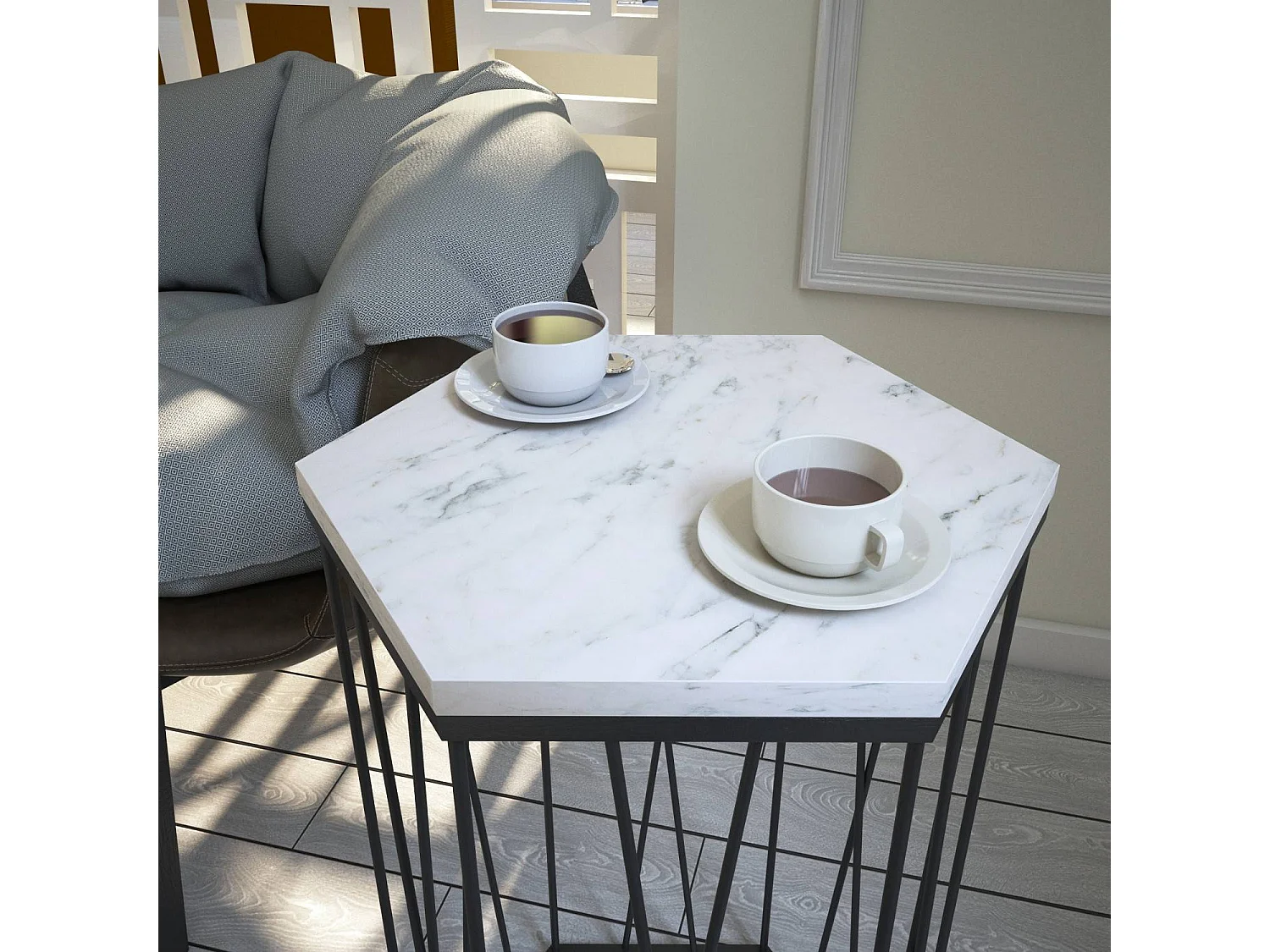 Table d'appoint hexagonale Supellex Bois Marbre Blanc et Métal Noir