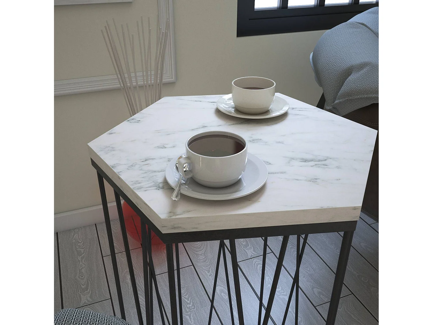 Table d'appoint hexagonale Supellex Bois Marbre Blanc et Métal Noir