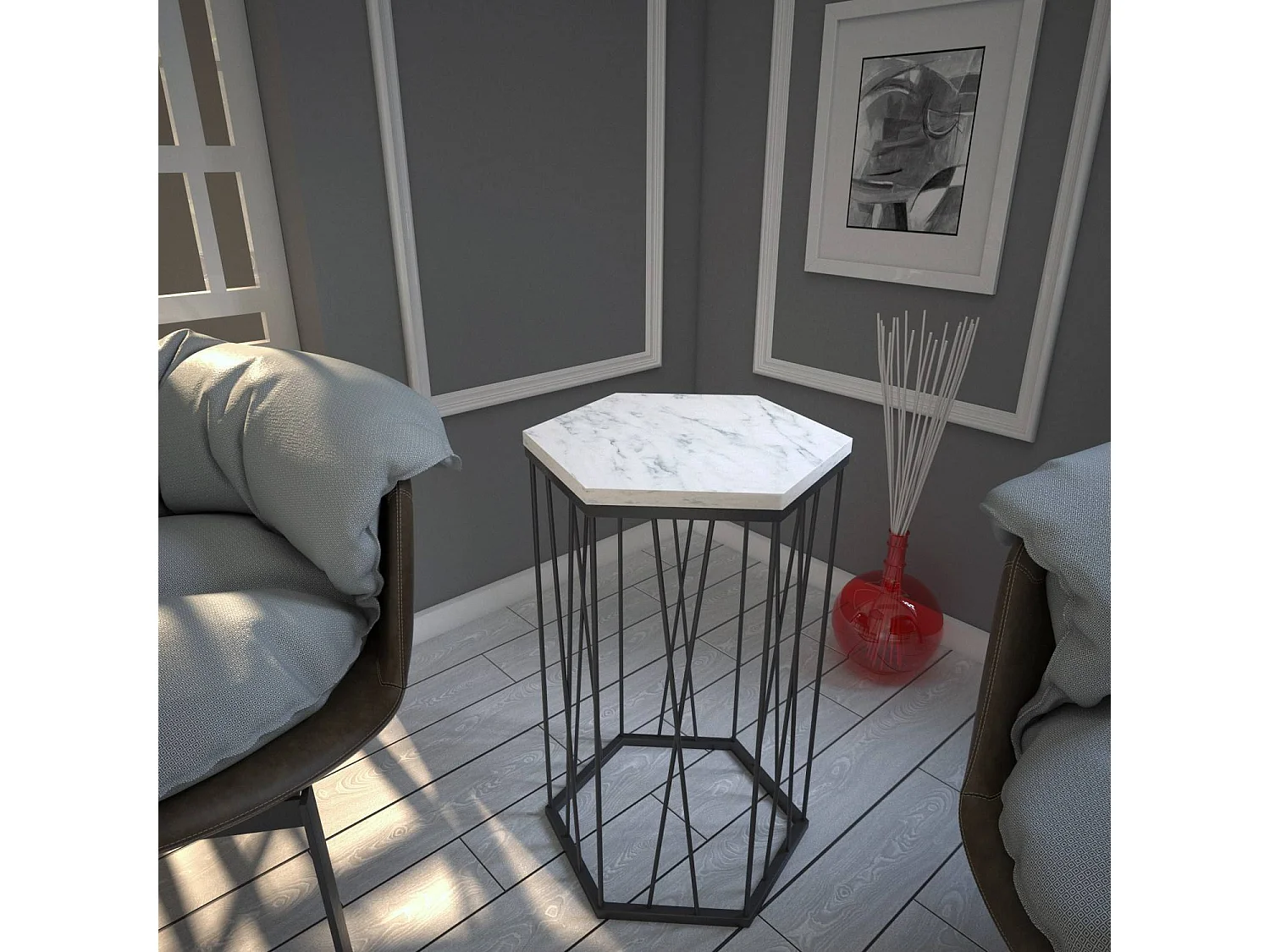 Table d'appoint hexagonale Supellex Bois Marbre Blanc et Métal Noir