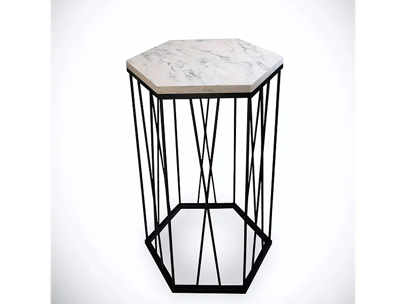 Table d'appoint hexagonale Supellex Bois Marbre Blanc et Métal Noir