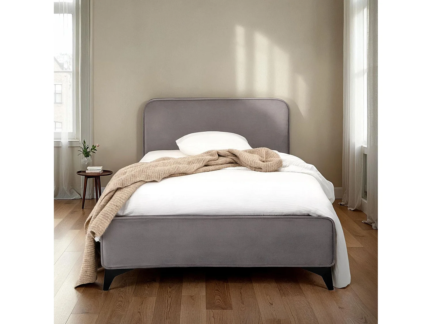 Lit simple RAVELLO 90x190 cm, Revêtement en tissu, Lit style moderne pour 1 personne, Cadre de lit en bois avec sommier inclus, Gris