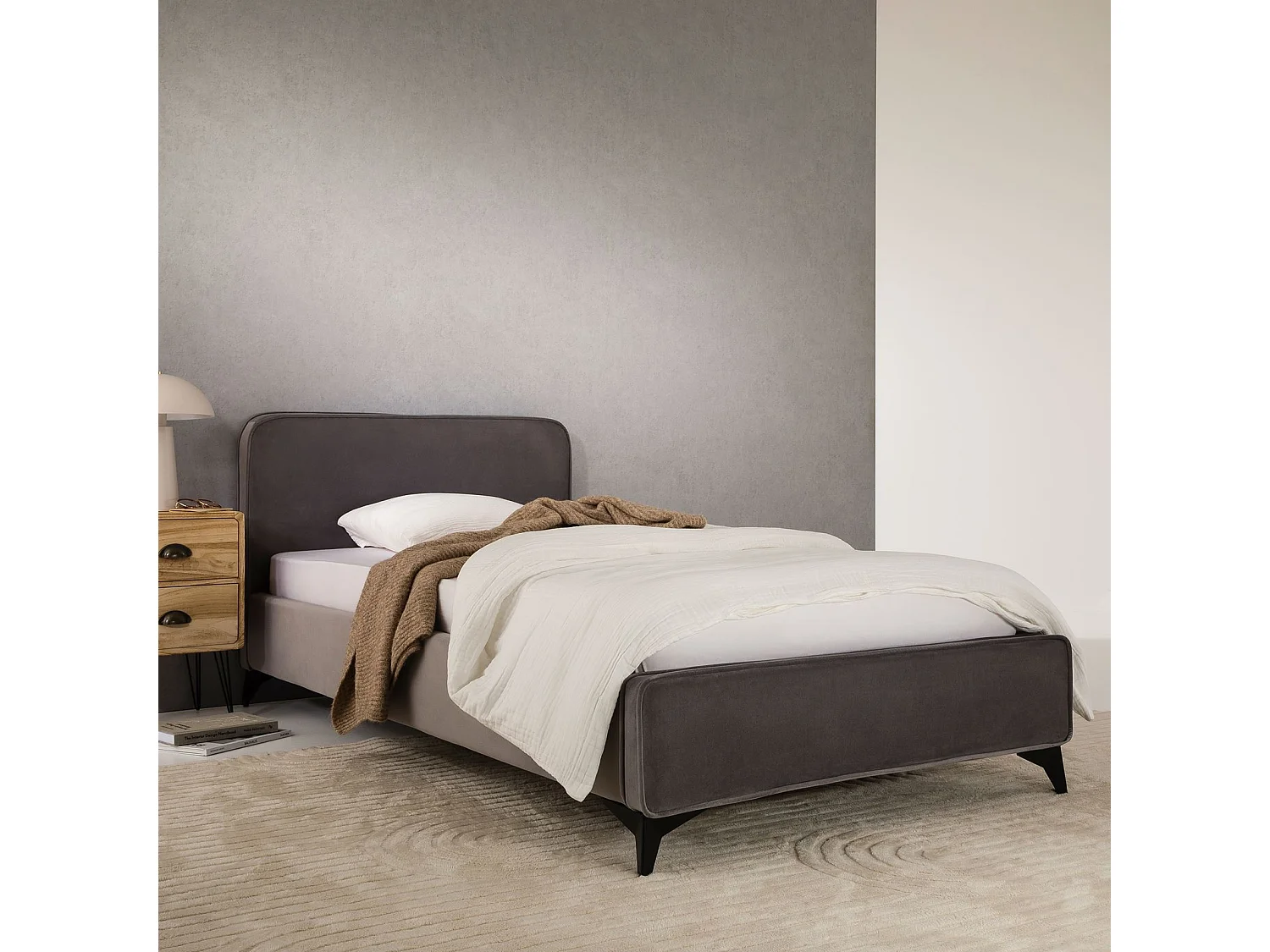 Lit simple RAVELLO 90x190 cm, Revêtement en tissu, Lit style moderne pour 1 personne, Cadre de lit en bois avec sommier inclus, Gris