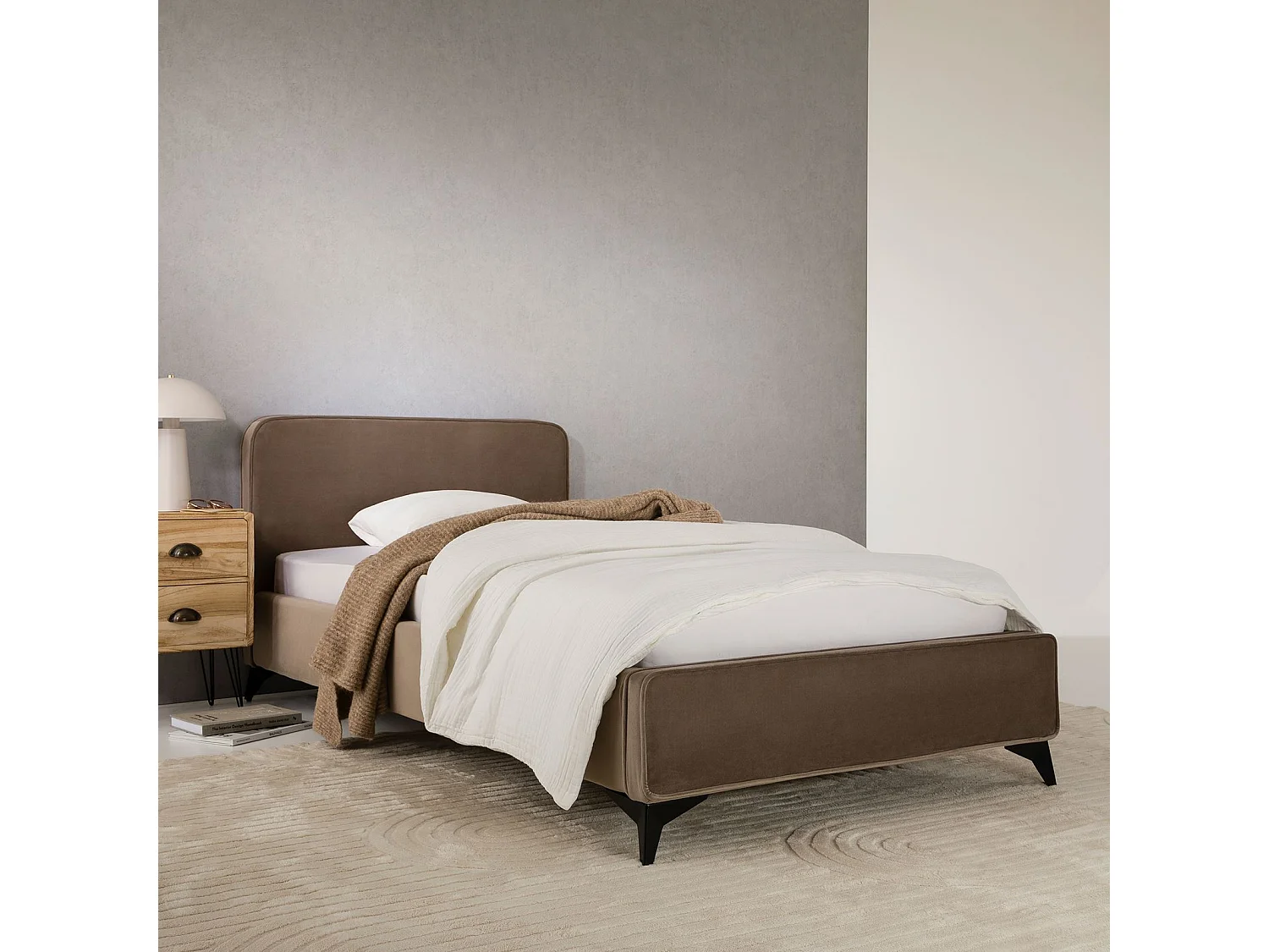 Lit simple RAVELLO 90x190 cm, Revêtement en tissu, Lit style moderne pour 1 personne, Cadre de lit avec sommier inclus, Grège
