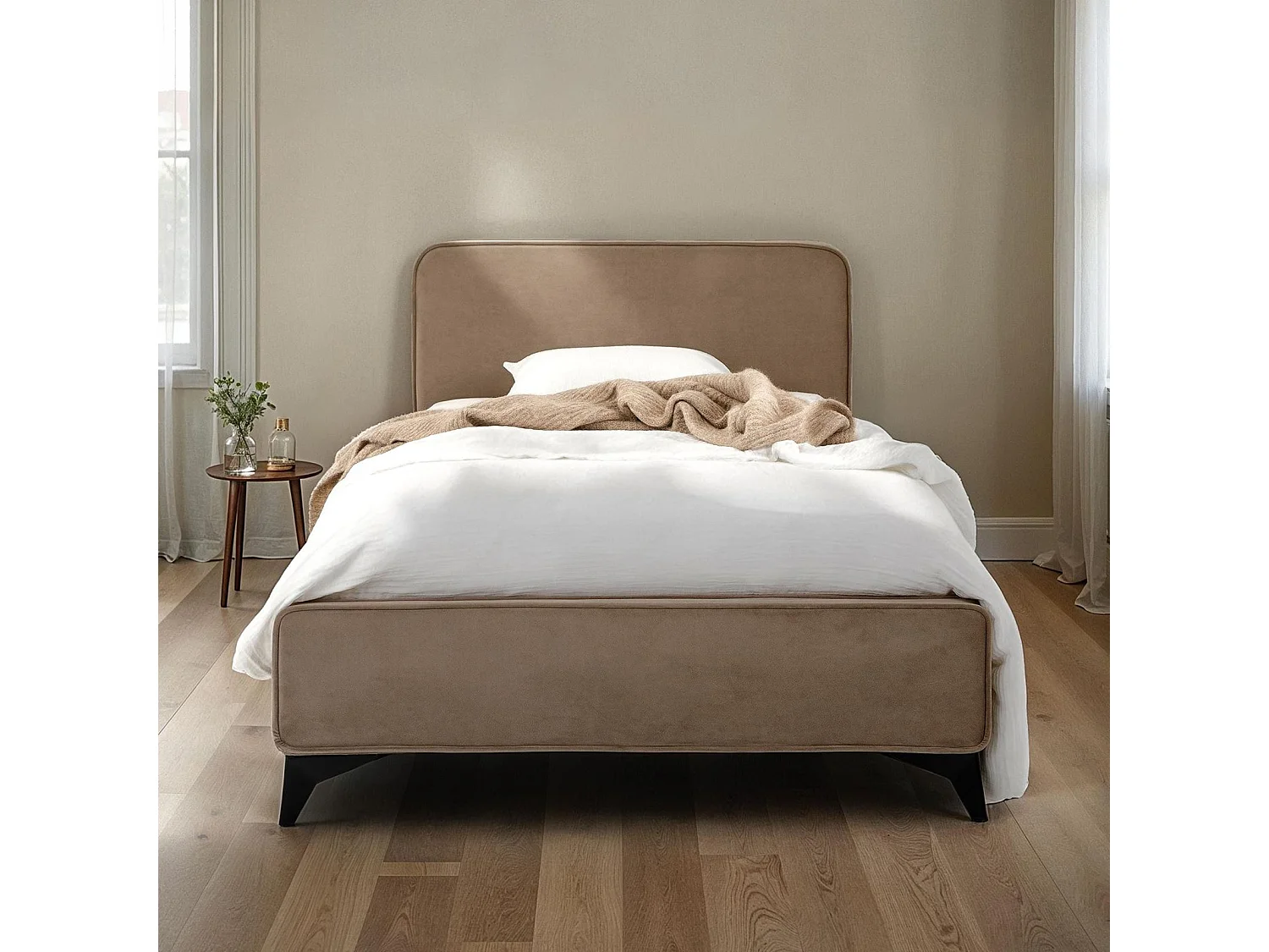 Lit simple RAVELLO 90x190 cm, Revêtement en tissu, Lit style moderne pour 1 personne, Cadre de lit avec sommier inclus, Grège