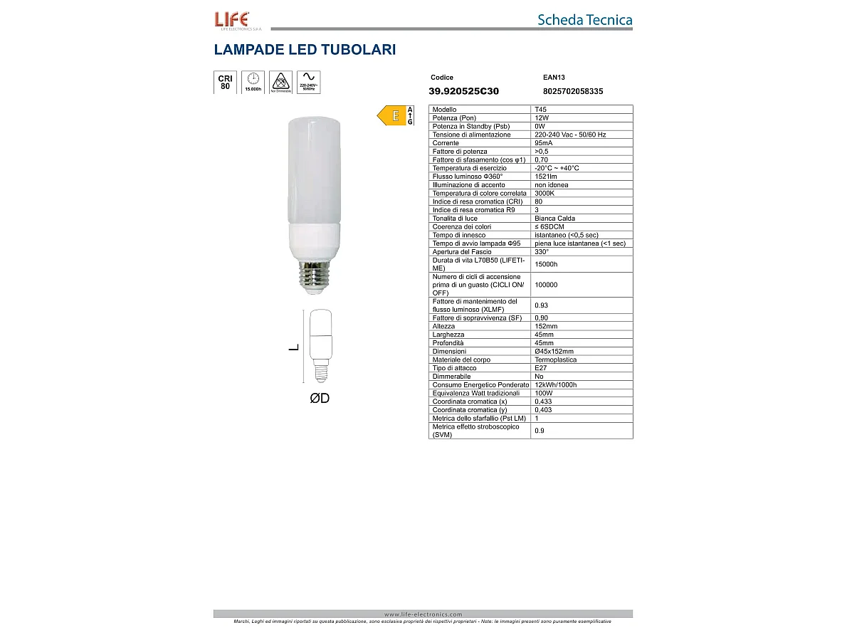 Ampoule LED E27 14W Tubulaire Cylindrique 1521 lumen 3000k