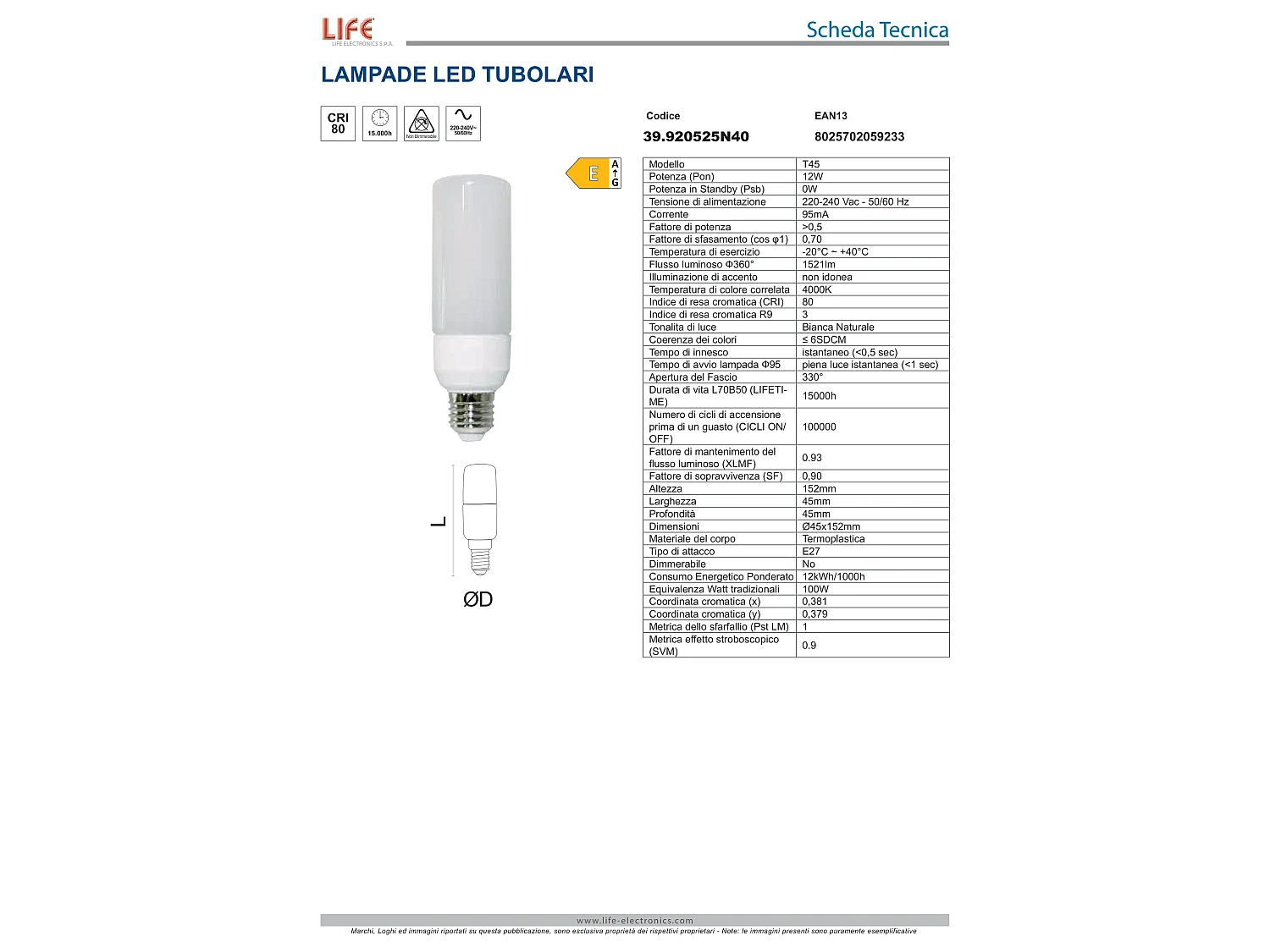 Ampoule LED E27 14W Tubulaire Cylindrique 1521 lumen 4000k