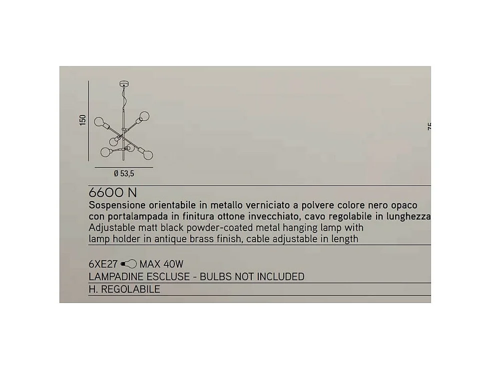 Vector industriële stijl hangende kroonluchter in mat zwart metaal 6xE27