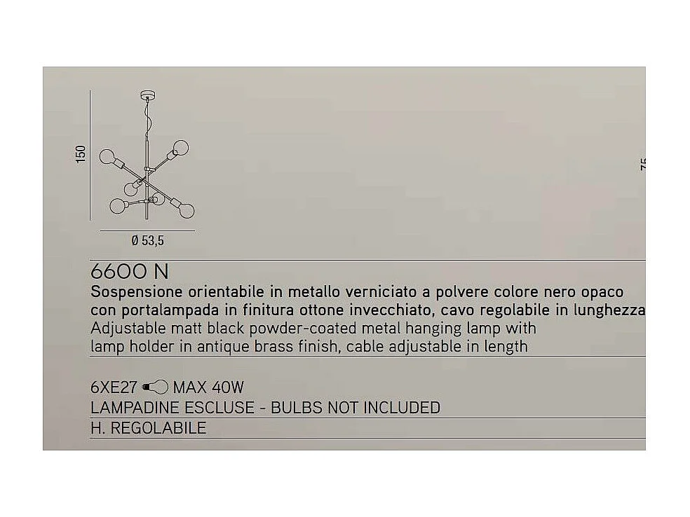 Hängender Kronleuchter im Vector-Industriestil aus mattschwarzem Metall 6xE27