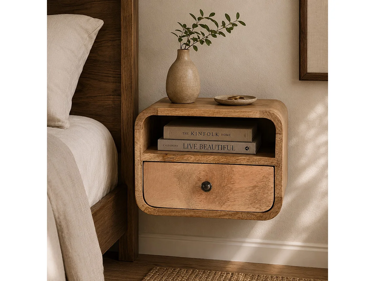Mesita de noche curva extra pequeña para montaje en pared, de estilo roble, de Artisan Furniture.