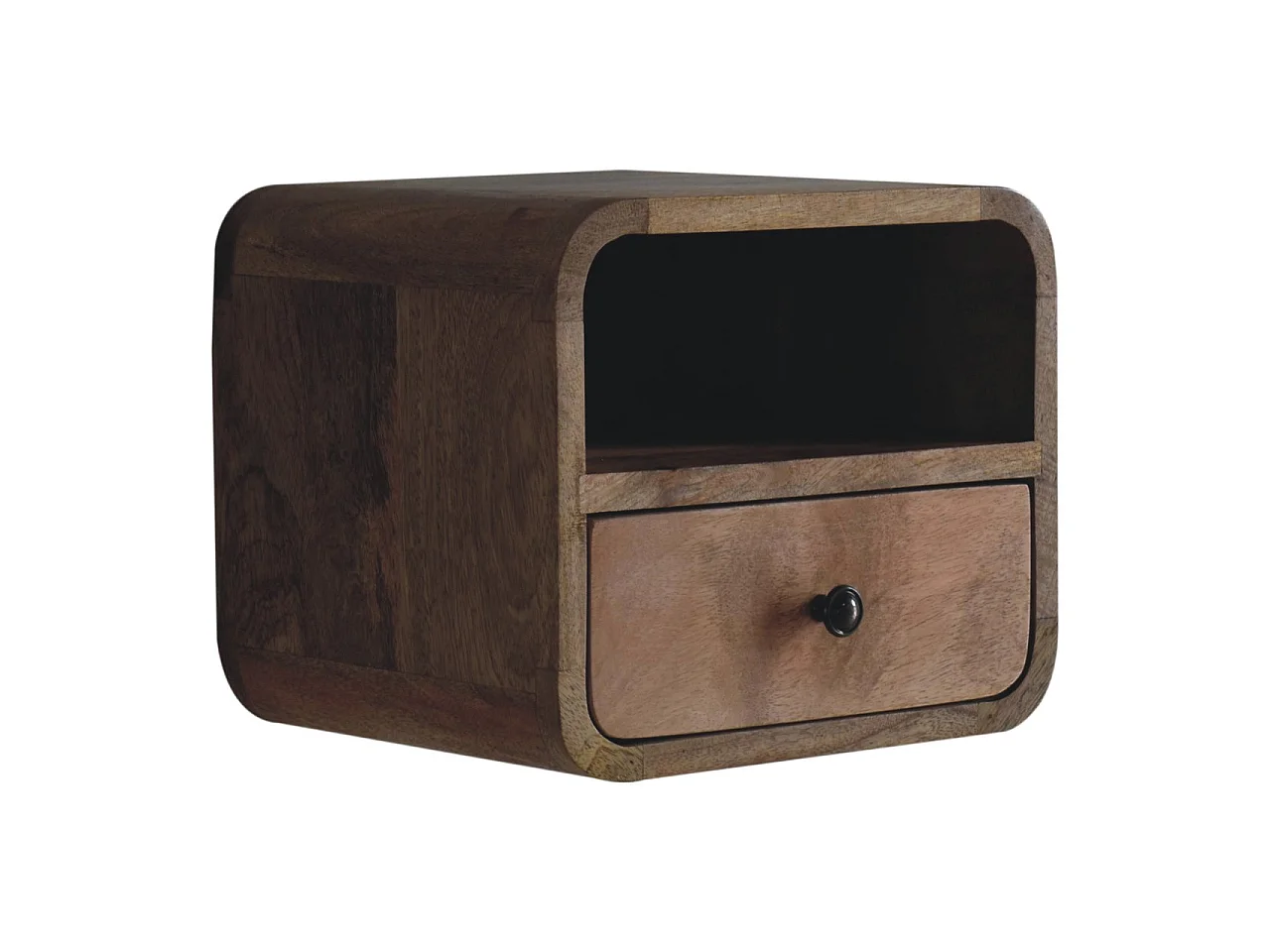 Mesita de noche curva extra pequeña para montaje en pared, de estilo roble, de Artisan Furniture.