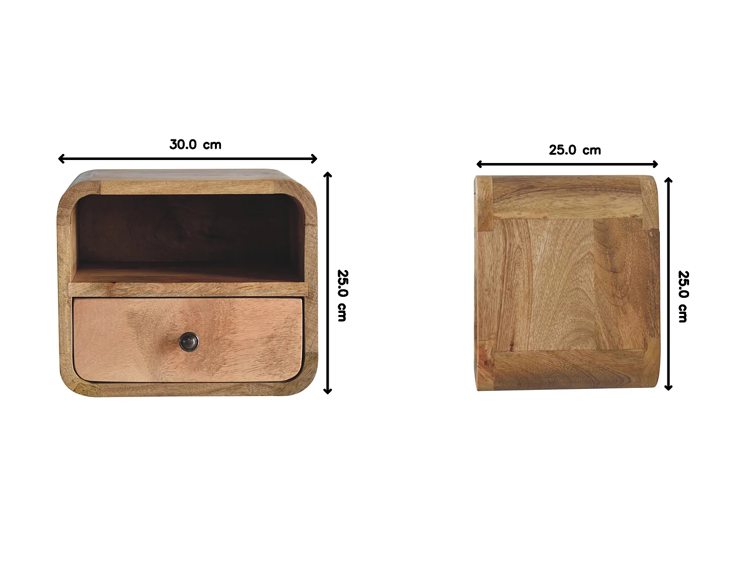 Mesita de noche curva extra pequeña para montaje en pared, de estilo roble, de Artisan Furniture.