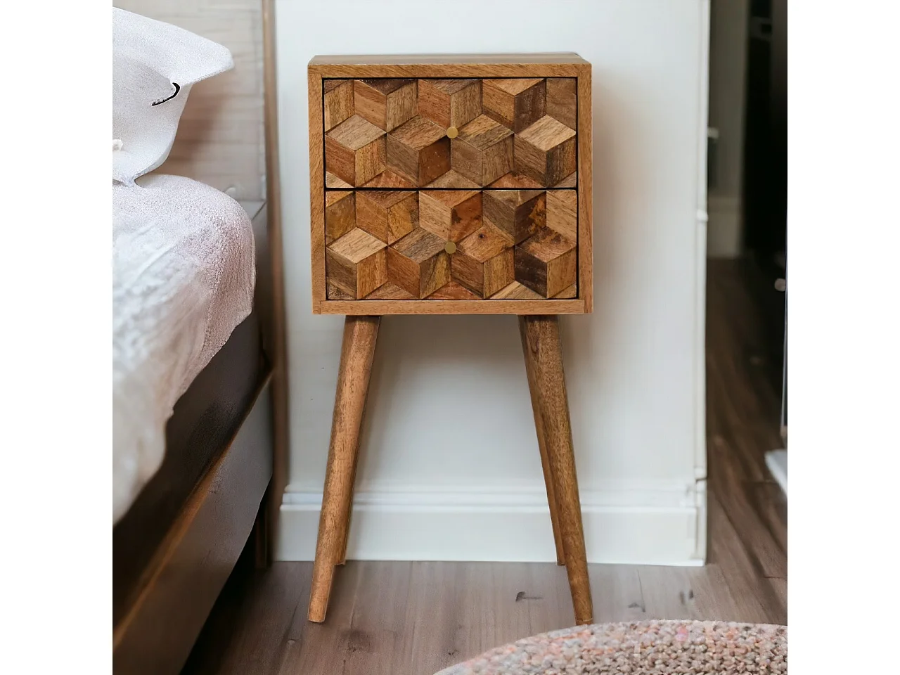 Table de chevet Mini Cube Carved 2 Tiroirs