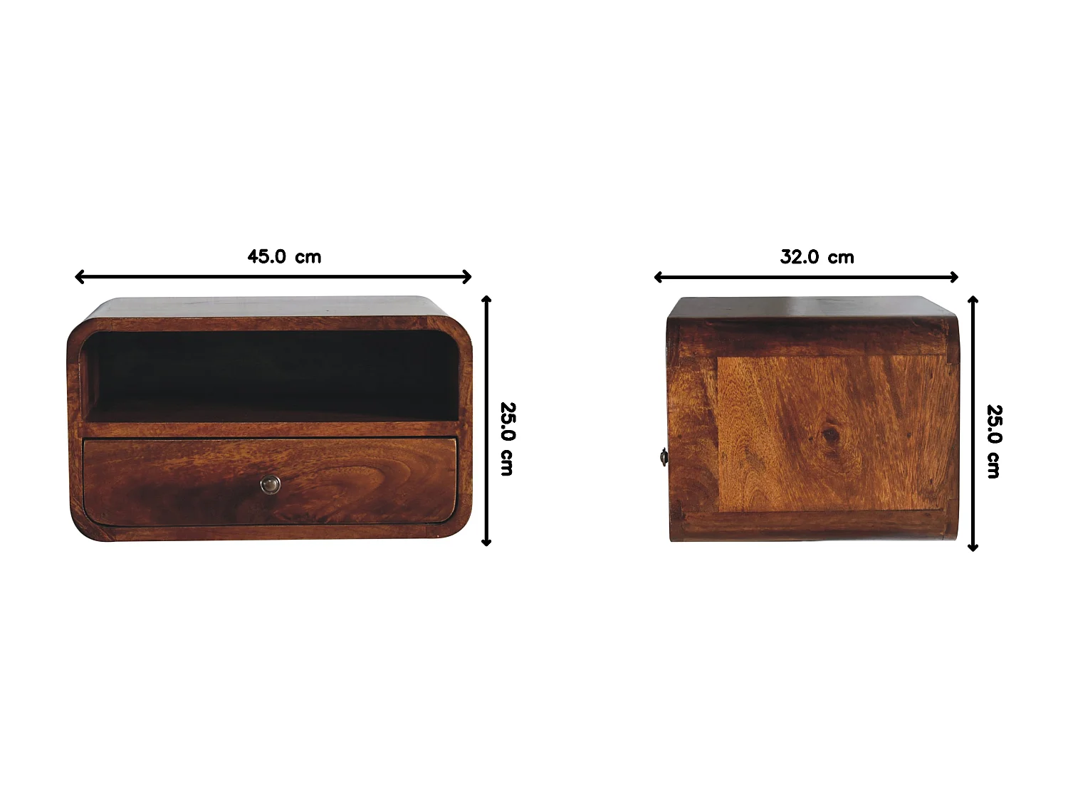 Artisan Furniture Solid Wood Table de chevet Large Chestnut Curve Upper Slot Floating