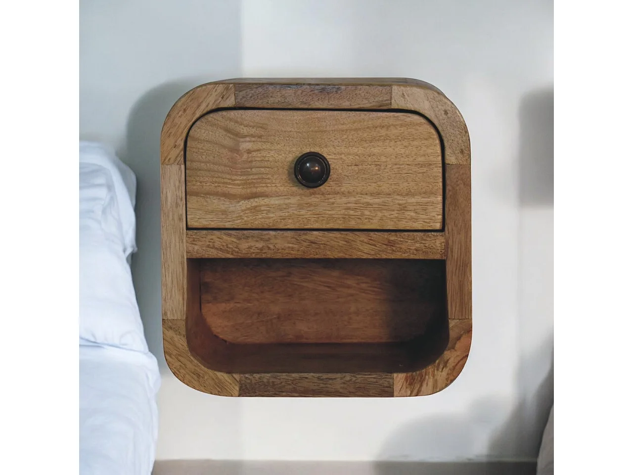 Artisan Furniture Mesa de Cabeceira Extra Mini Curvada em Madeira Maciça Oak-ish, 1 Gaveta e Prateleira Aberta, Marrom Claro