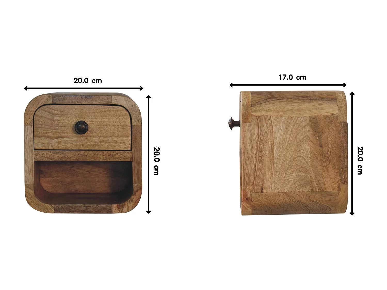 Artisan Furniture Mesa de Cabeceira Extra Mini Curvada em Madeira Maciça Oak-ish, 1 Gaveta e Prateleira Aberta, Marrom Claro