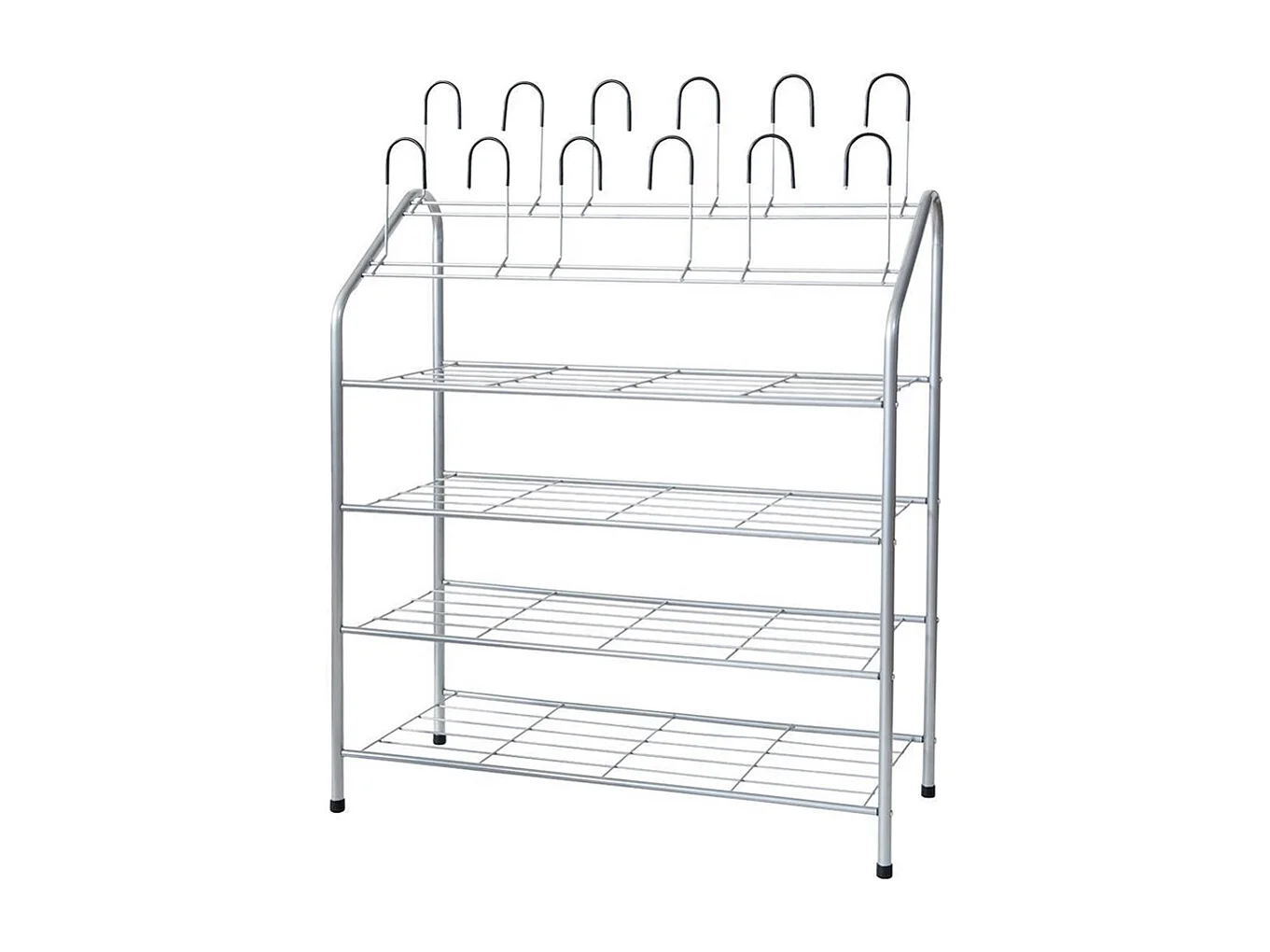 Etagère à chaussures, meuble à chaussure avec 4 étagères et crochets verticaux en métal coloris argent - Longueur 70 x Profondeur 27 x Hauteur 84 cm