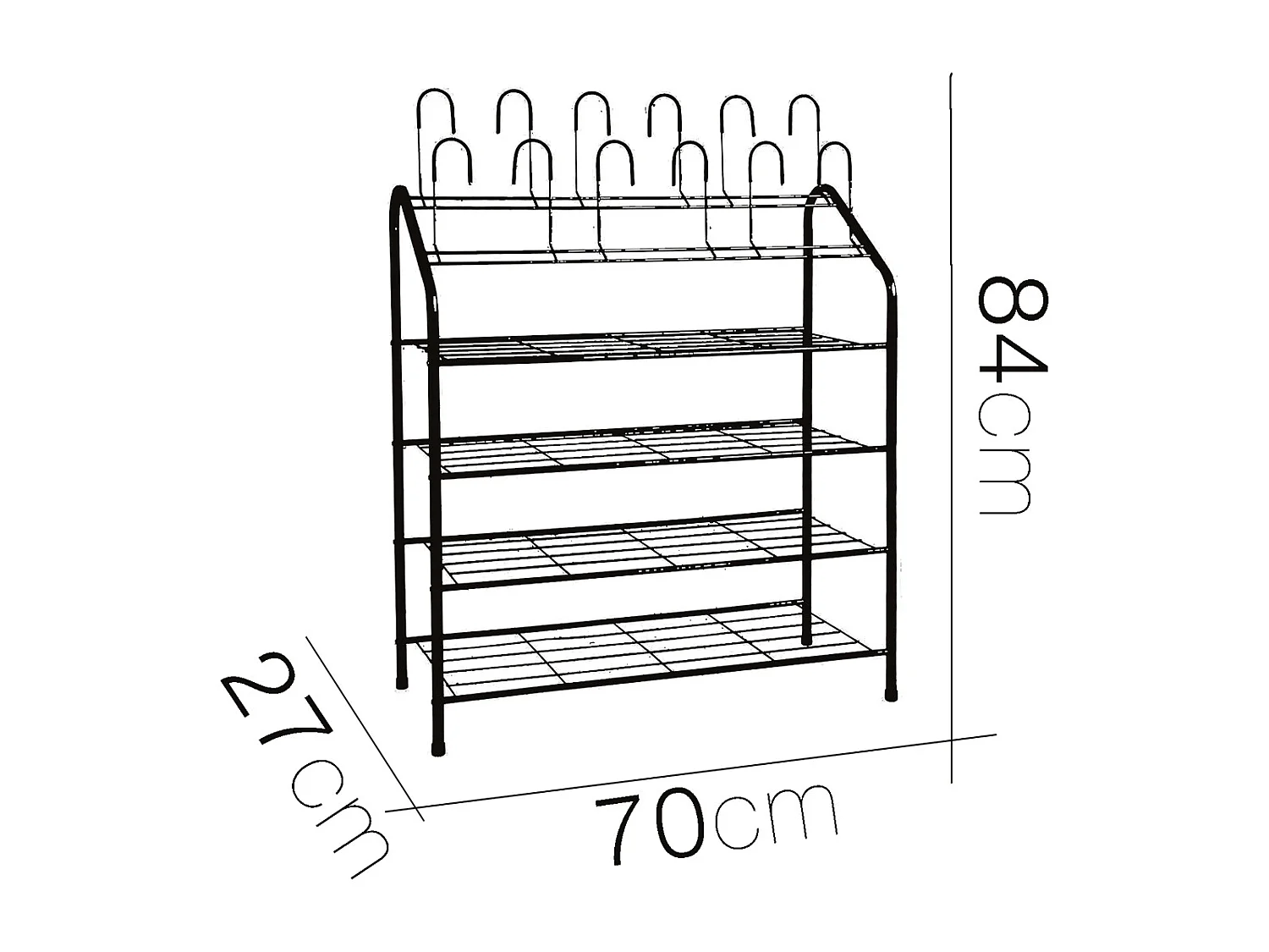 Etagère à chaussures, meuble à chaussure avec 4 étagères et crochets verticaux en métal coloris argent - Longueur 70 x Profondeur 27 x Hauteur 84 cm