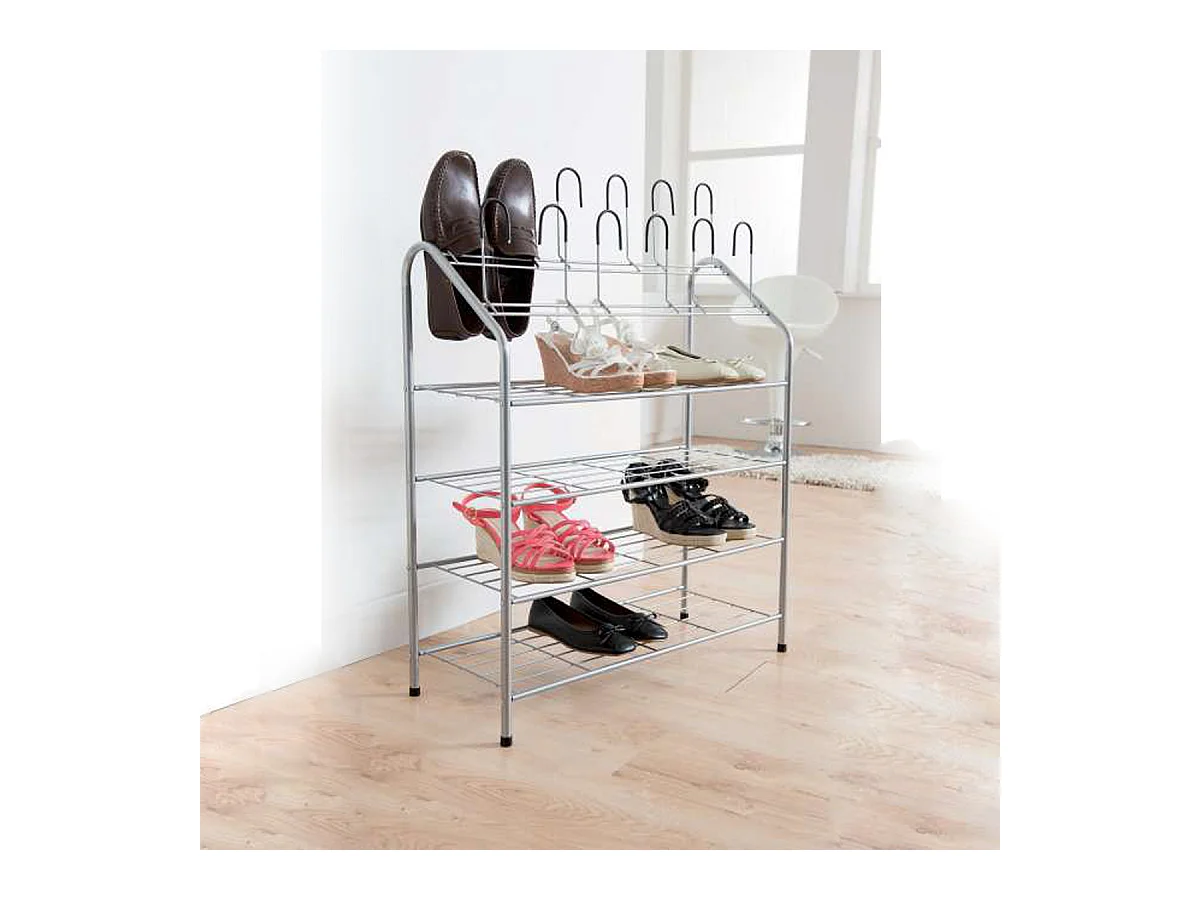 Etagère à chaussures, meuble à chaussure avec 4 étagères et crochets verticaux en métal coloris argent - Longueur 70 x Profondeur 27 x Hauteur 84 cm