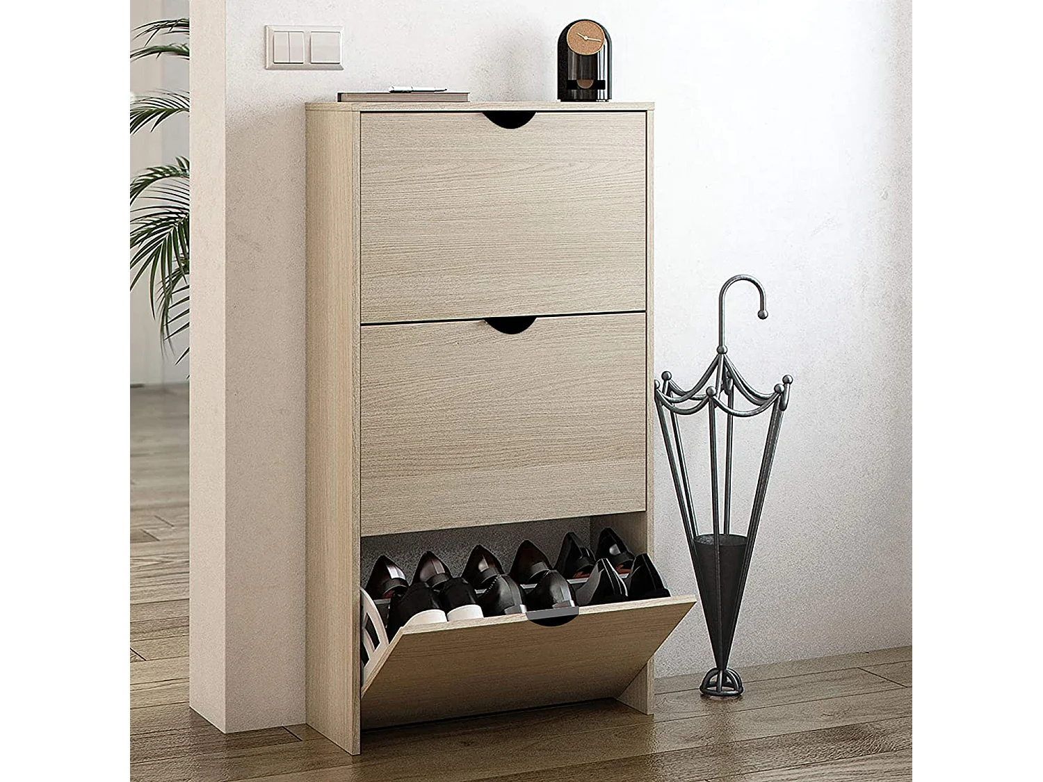 Meuble à chaussures coloris chêne avec 3 étagères - Longueur 60 x profondeur 24 x Hauteur 118 cm