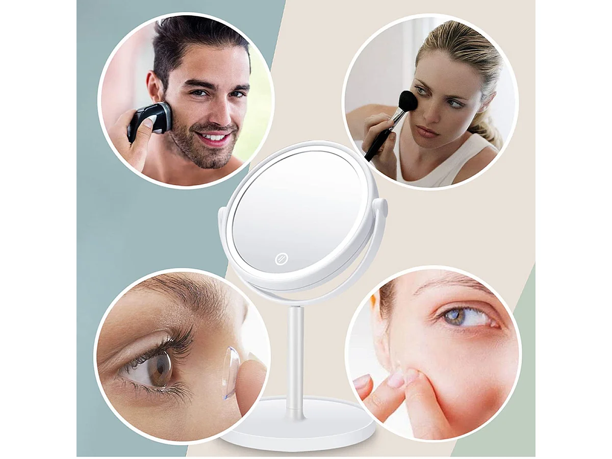 Miroir de table avec éclairage LED blanc, miroir de maquillage pivotant, miroir coméstique avec support - Diamètre 15 x Hauteur 28.5 cm