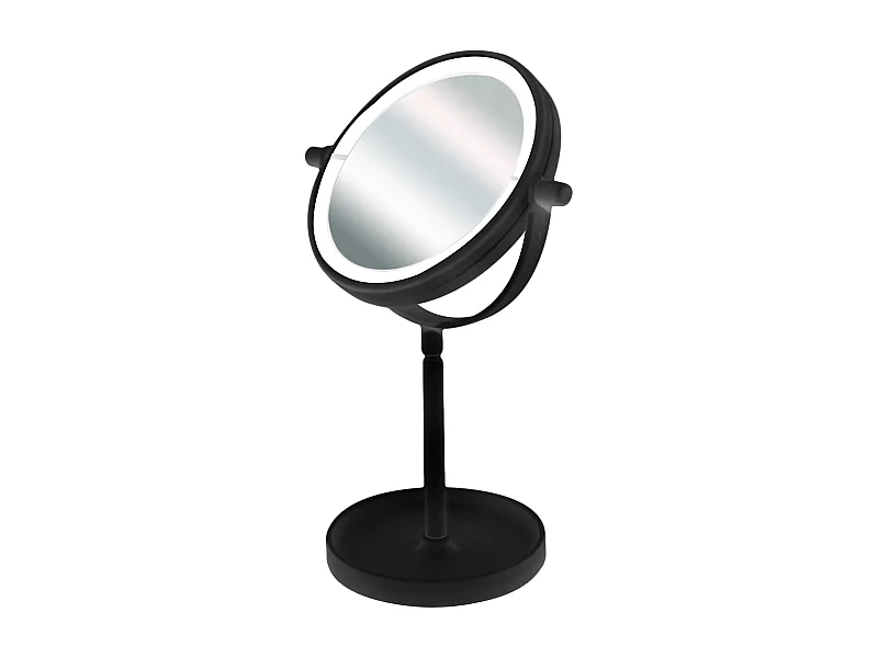 Miroir de table avec éclairage LED Noir, miroir de maquillage pivotant, miroir coméstique avec support - Diamètre 15 x Hauteur 28.5 cm