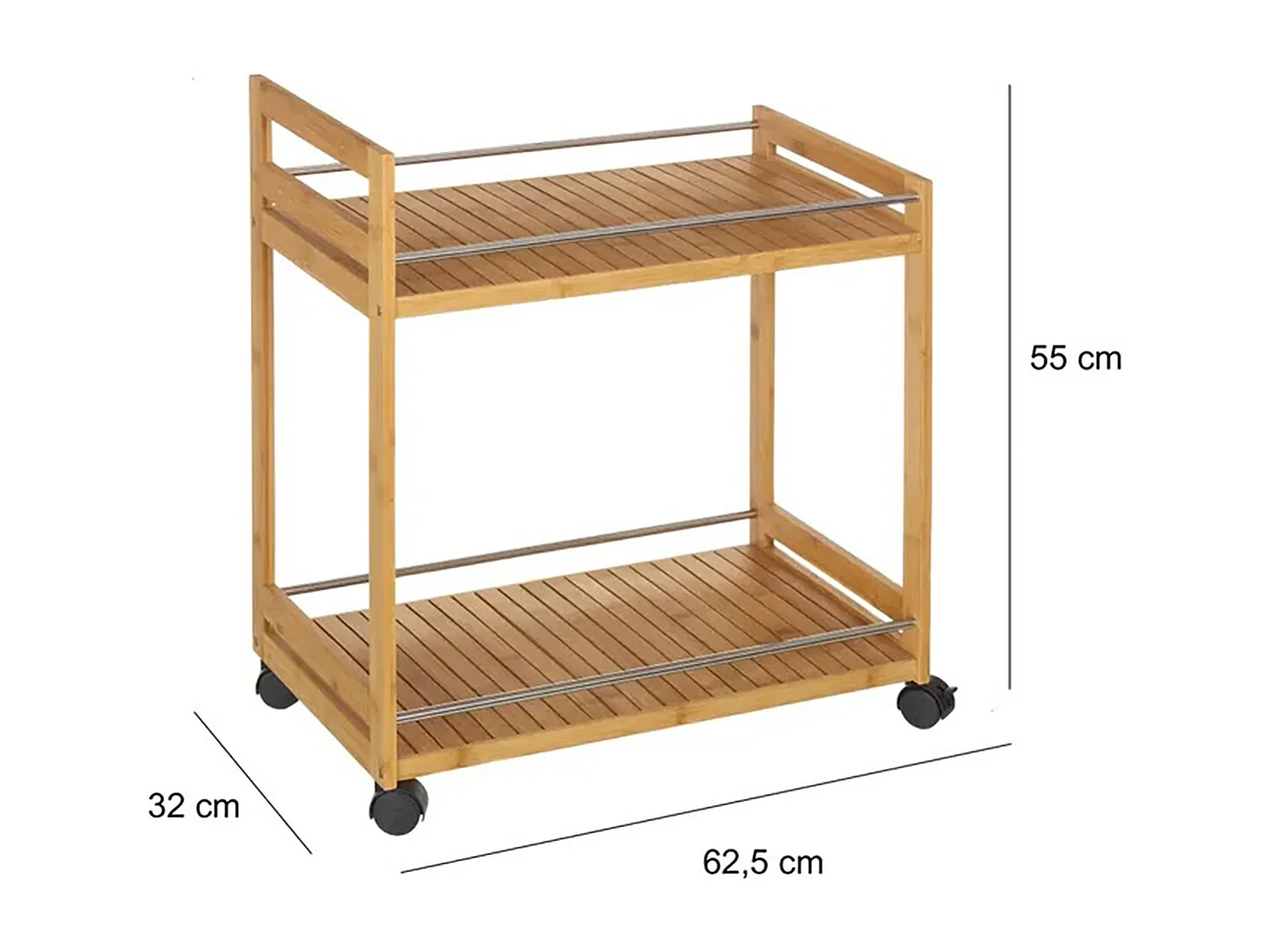 Table de service, chariot de service à roulettes en Bambou coloris naturel - Longueur 55 x Profondeur 32 x Hauteur 62,50 cm