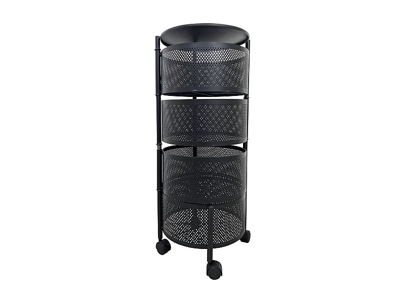 Desserte sur roulettes avec 4 tiroirs rotatifs, chariot mobile à 3 niveaux, chariot rangement à légumes, panier à fruits coloris noir - Diamètre 33 x Hauteur 75 cm