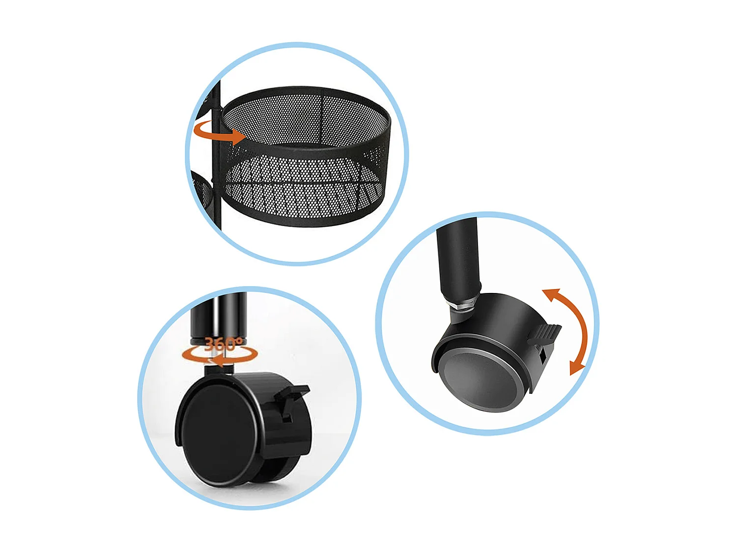 Desserte sur roulettes avec 4 tiroirs rotatifs, chariot mobile à 3 niveaux, chariot rangement à légumes, panier à fruits coloris noir - Diamètre 33 x Hauteur 75 cm