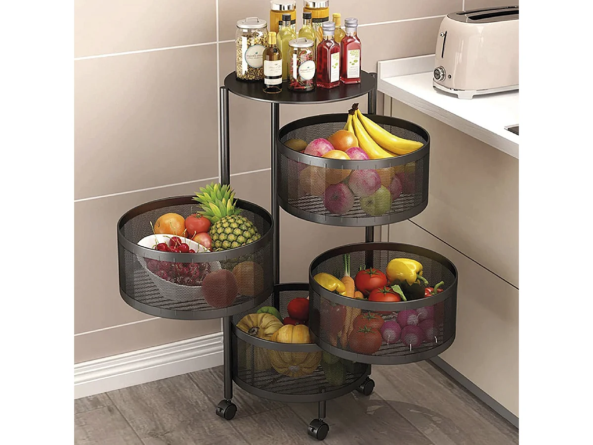 Desserte sur roulettes avec 4 tiroirs rotatifs, chariot mobile à 3 niveaux, chariot rangement à légumes, panier à fruits coloris noir - Diamètre 33 x Hauteur 75 cm