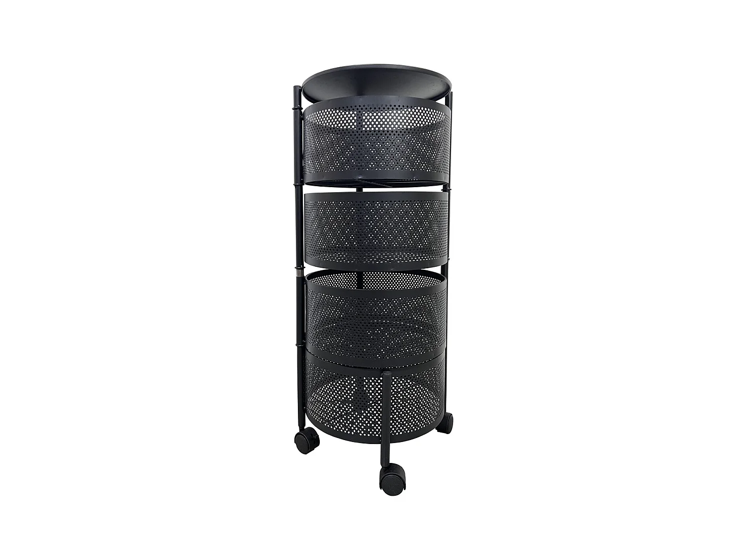 Desserte sur roulettes avec 4 tiroirs rotatifs, chariot mobile à 3 niveaux, chariot rangement à légumes, panier à fruits coloris noir - Diamètre 33 x Hauteur 75 cm