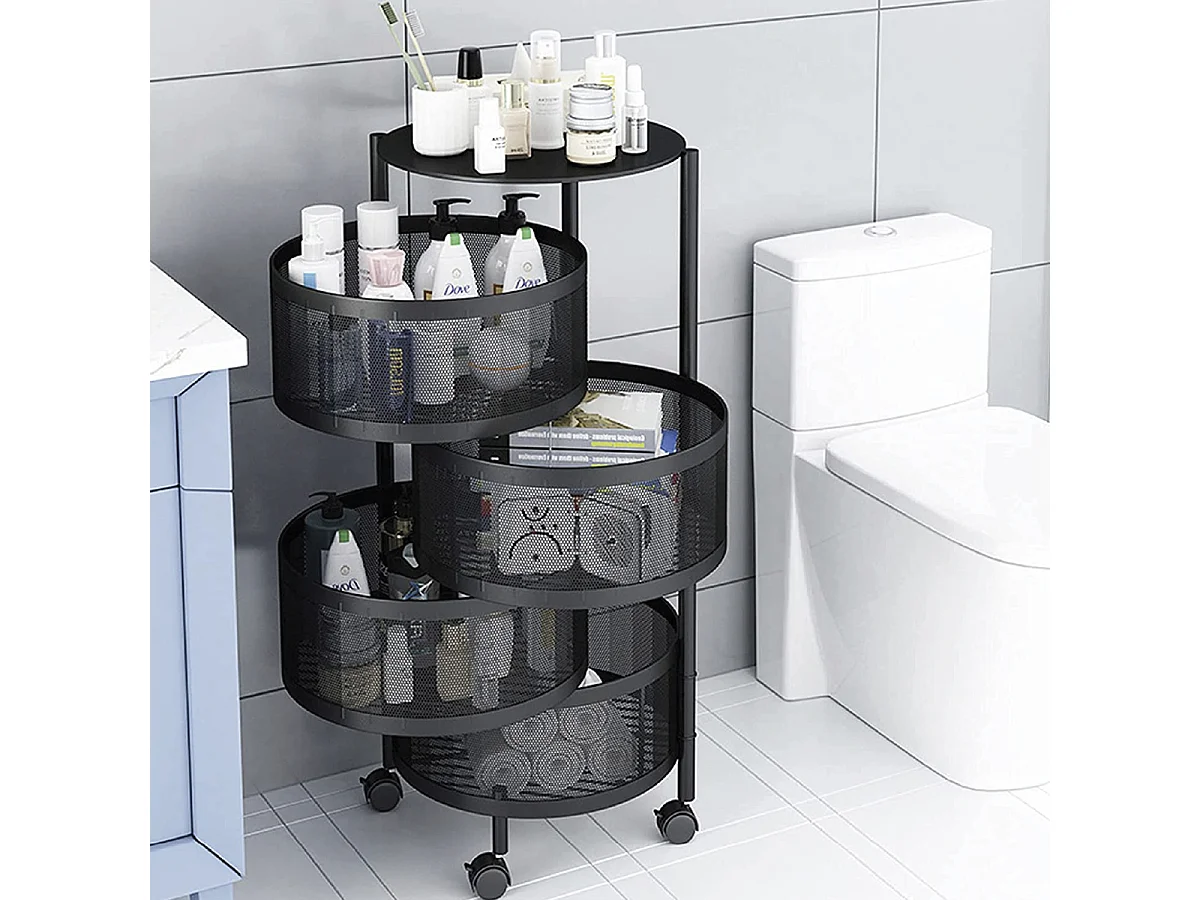 Desserte sur roulettes avec 4 tiroirs rotatifs, chariot mobile à 3 niveaux, chariot rangement à légumes, panier à fruits coloris noir - Diamètre 33 x Hauteur 75 cm