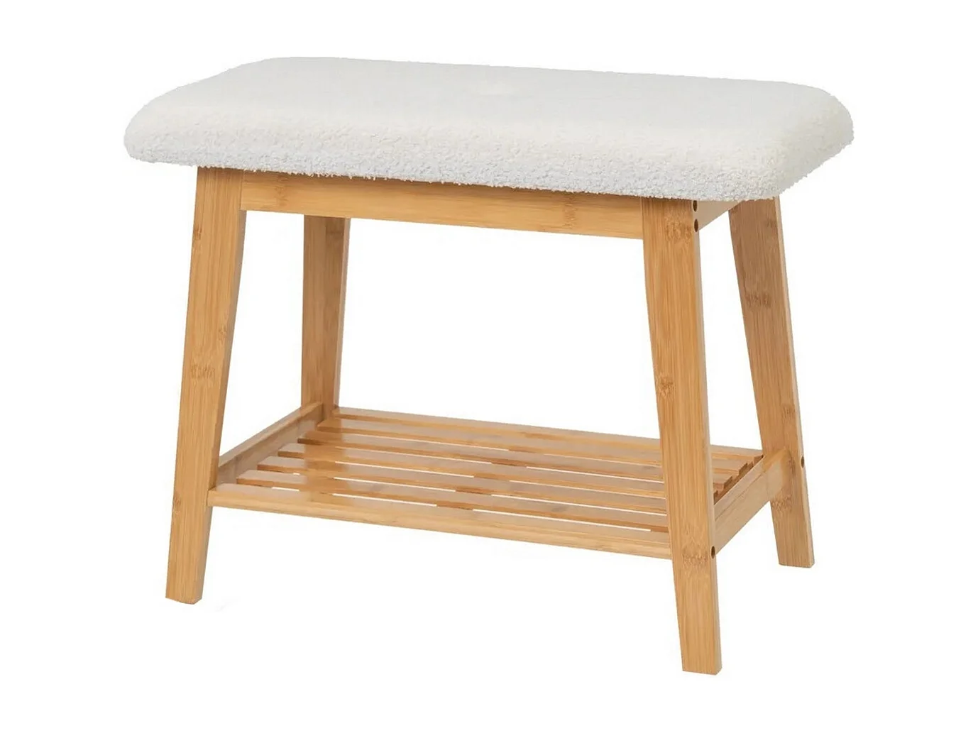 Banquette, tabouret en bois de bambou coloris naturel et tissu blanc - Longueur 60 x Profondeur 30 x Hauteur 45 cm