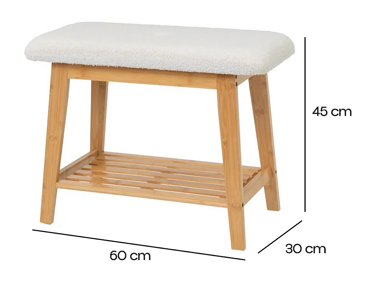Banquette, tabouret en bois de bambou coloris naturel et tissu blanc - Longueur 60 x Profondeur 30 x Hauteur 45 cm