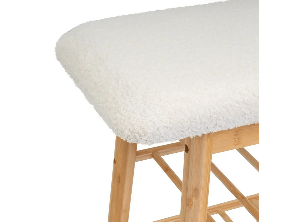 Banquette, tabouret en bois de bambou coloris naturel et tissu blanc - Longueur 91 x Profondeur 30 x Hauteur 45 cm