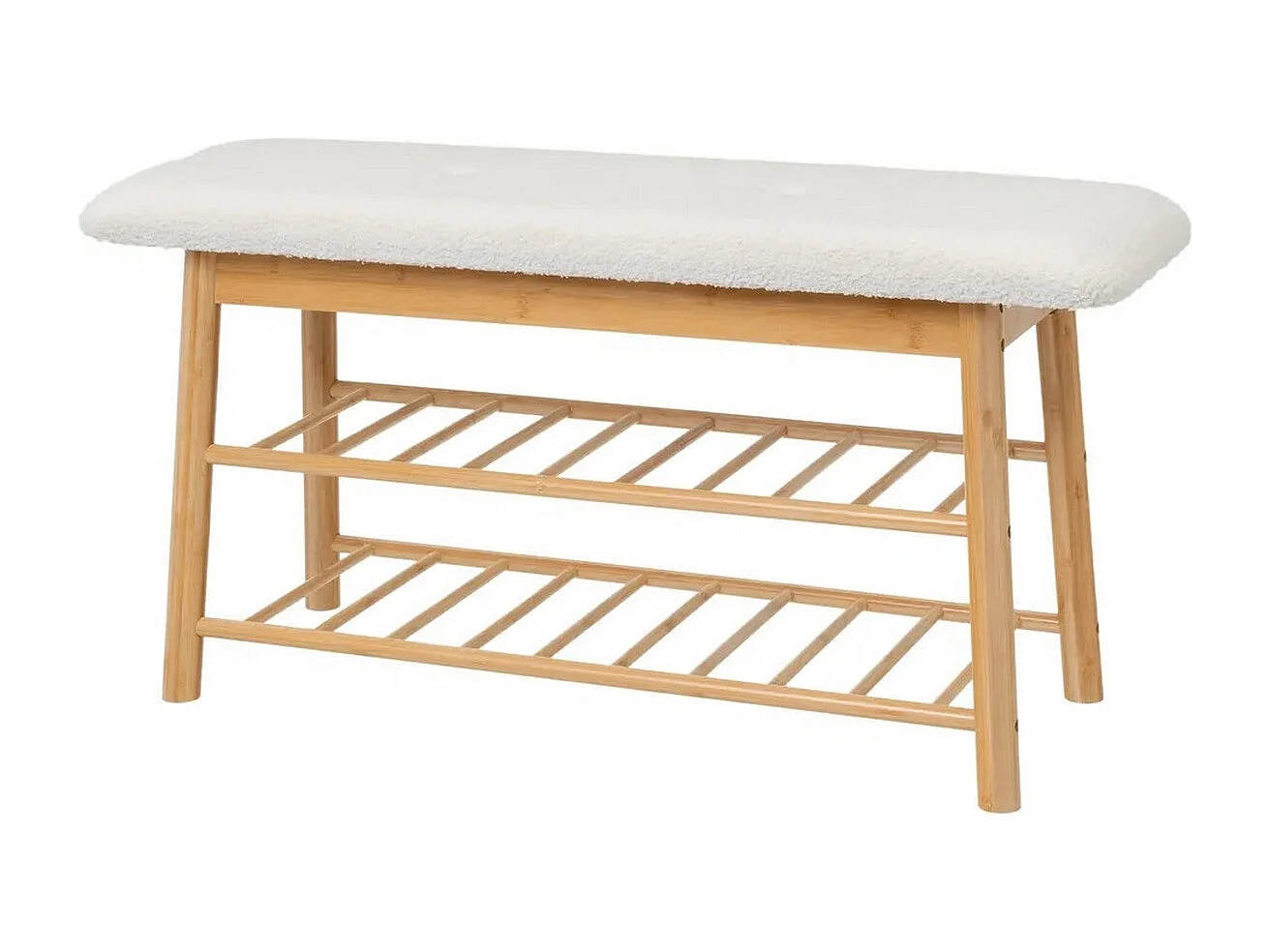 Banquette, tabouret en bois de bambou coloris naturel et tissu blanc - Longueur 91 x Profondeur 30 x Hauteur 45 cm