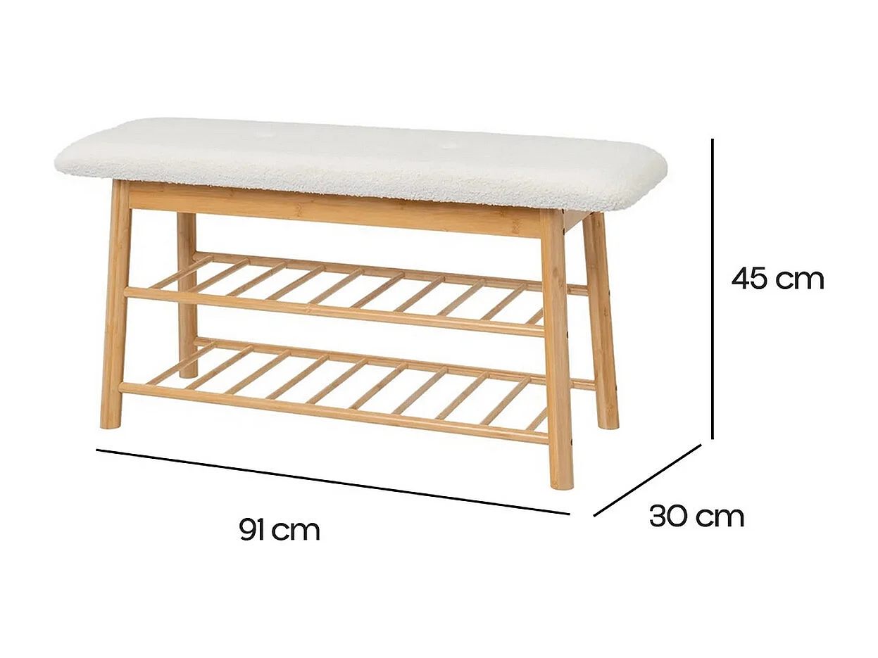 Banquette, tabouret en bois de bambou coloris naturel et tissu blanc - Longueur 91 x Profondeur 30 x Hauteur 45 cm