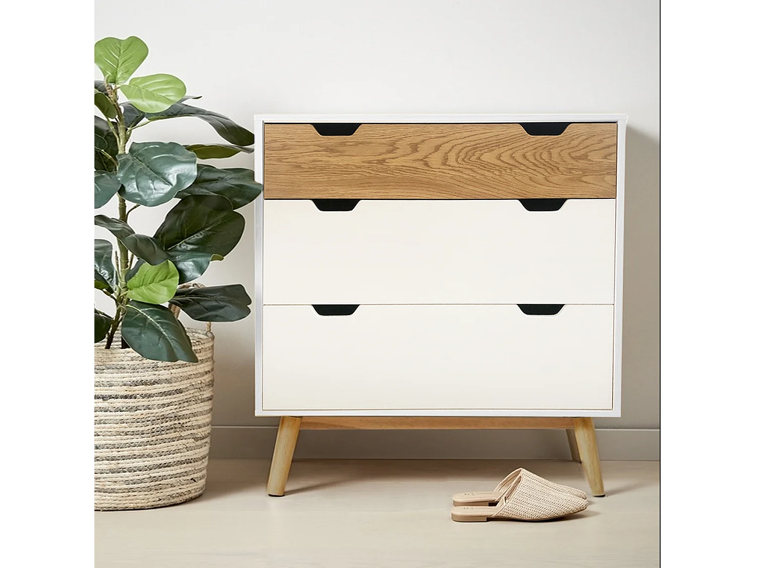 Commode meuble de rangement coloris blanc/naturel - longueur 80 x profondeur 40 x hauteur 82 cm