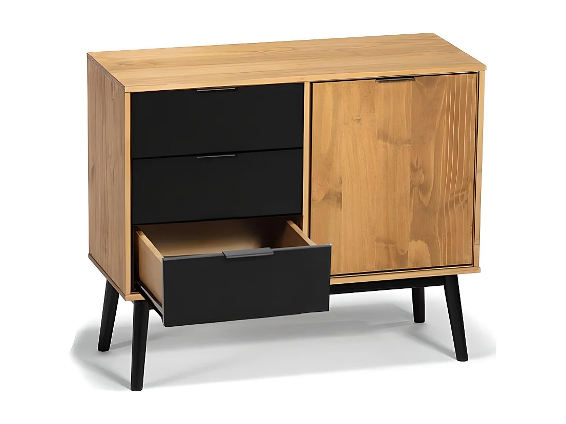 Buffet commode meuble de rangement coloris chêne/noir - longueur 95 x profondeur 40 x hauteur 80 cm