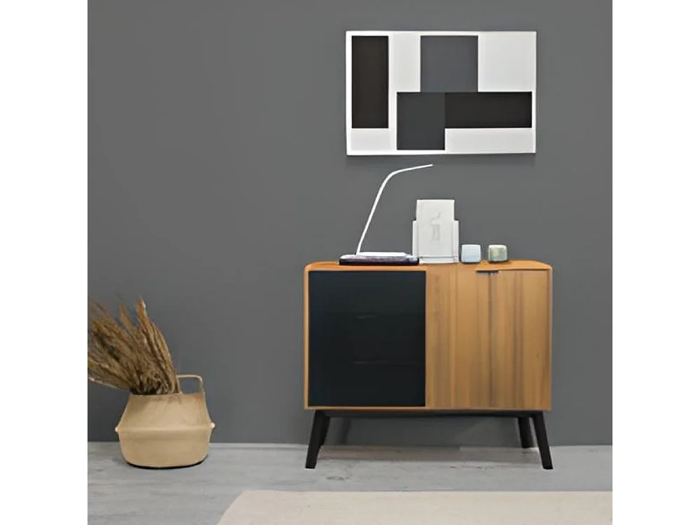 Buffet commode meuble de rangement coloris chêne/noir - longueur 95 x profondeur 40 x hauteur 80 cm