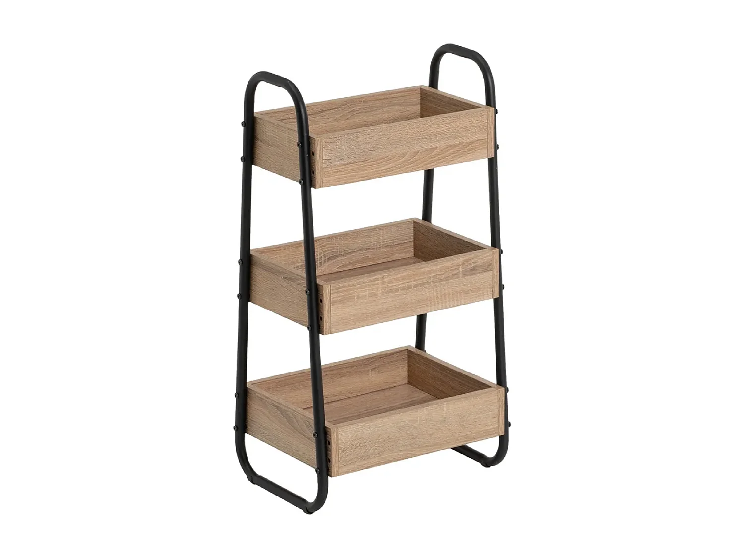 Étagère, meuble de rangement avec 3 paniers en bois aggloméré coloris chêne et pieds en métal noir - Longueur 41 x Profondeur 30 x Hauteur 77 cm