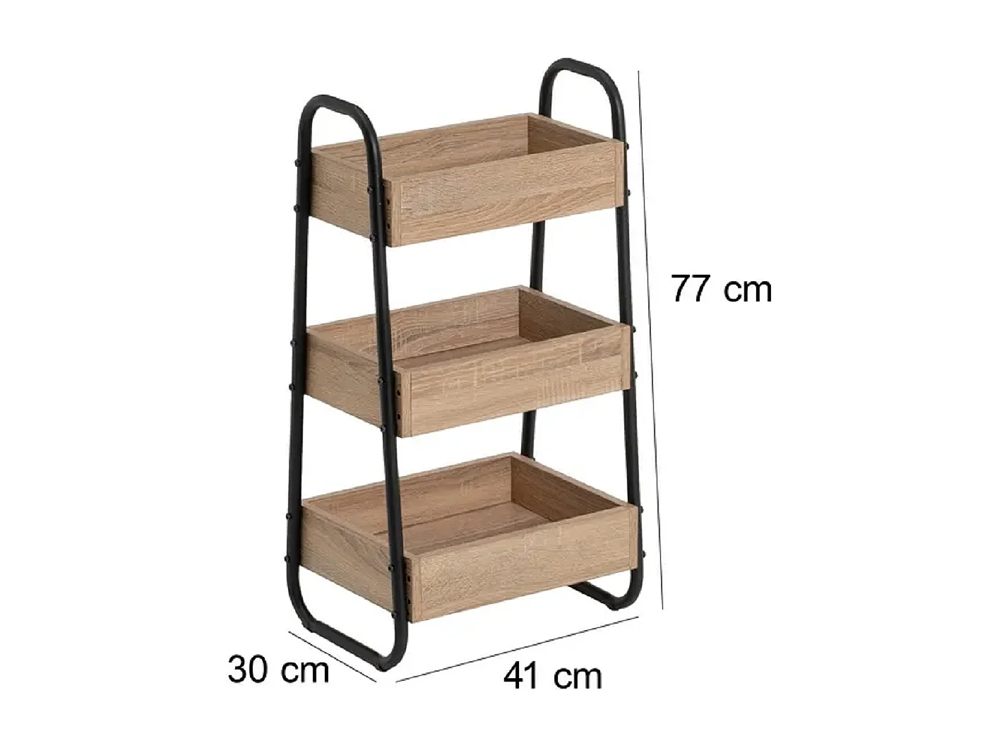 Étagère, meuble de rangement avec 3 paniers en bois aggloméré coloris chêne et pieds en métal noir - Longueur 41 x Profondeur 30 x Hauteur 77 cm