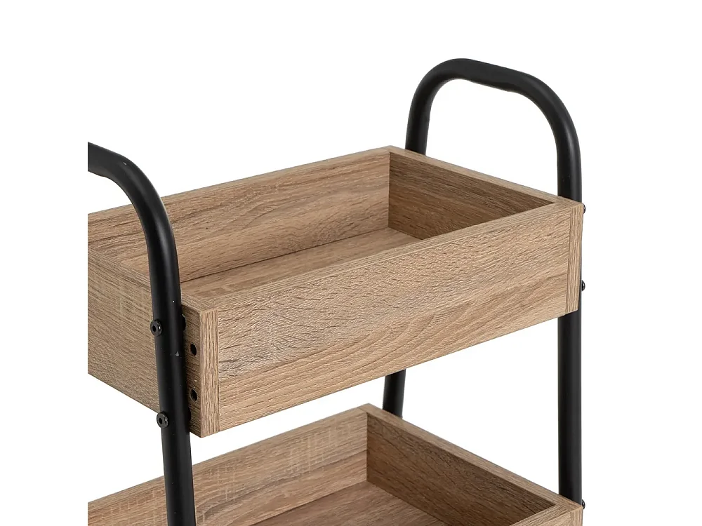 Étagère, meuble de rangement avec 3 paniers en bois aggloméré coloris chêne et pieds en métal noir - Longueur 41 x Profondeur 30 x Hauteur 77 cm
